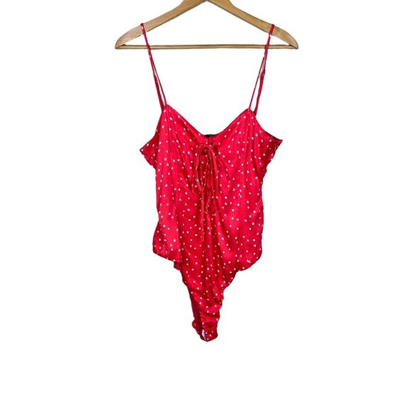 New Zara Red Lace Up Satin Effect Star Print Bodysuit Women's - Picture 5 of 11